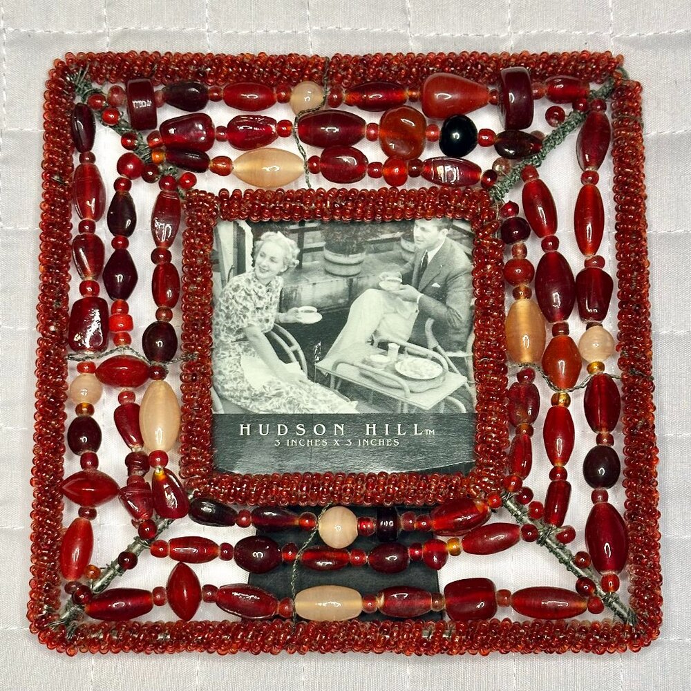 VINTAGE Hudson Hill Glass Beaded Red Mini Picture Frame 6" Square Holds 3" Pic